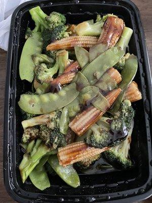 Broccoli with snow peas and baby corn