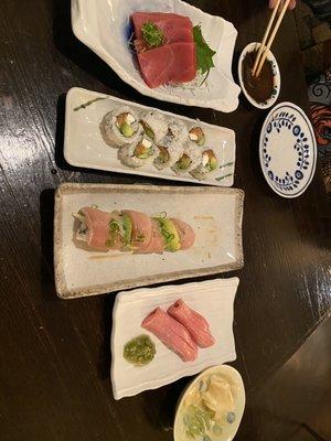 Bluefin, Philadelphia roll, whitesnow roll, toro with wasabi