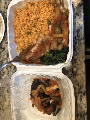 Croaker with jollof and spinach Goat