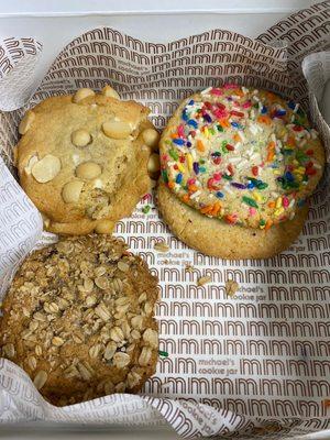 Oatmeal raisin, sugar, white chocolate macadamia nut cookies