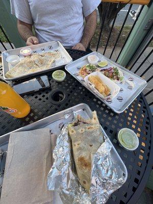 it's pretty good. Skirt Steak Burrito, Skirt Steak Quesadilla, Chicken Tinga Taco, Baja Fish Taco, and Yuca.