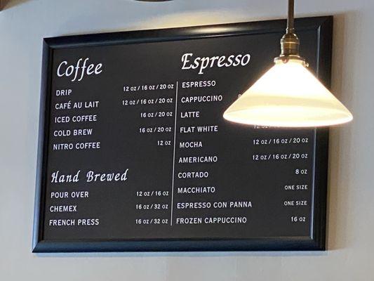 Coffee menu