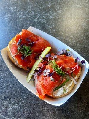 Za'atar lox sandwich on an onion bagel