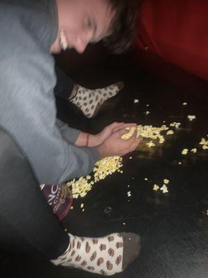 dirty cool beans socks, good Samaritan for cleaning up the popcorn left in the floor