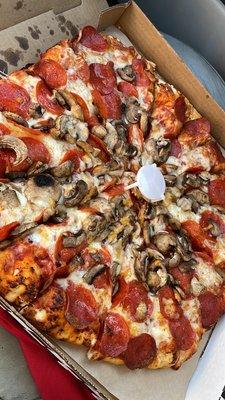 Medium pepperoni and mushrooms,  as usual