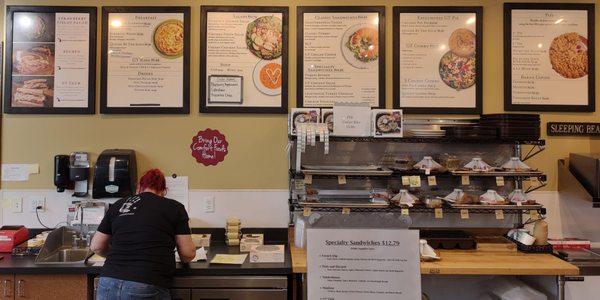 Menu boards above the food preparation area