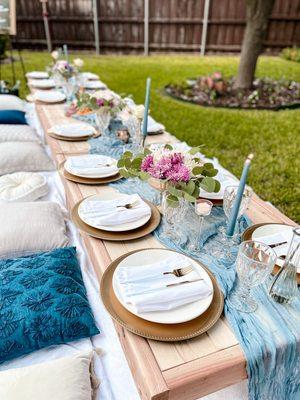 Dusty blue luxury picnic tablescape