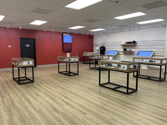 A view inside the dispensary - each product is laid out in jewelry style display cases. Lots of room to maneuver for wheelchair access.