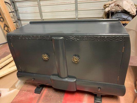 Deco credenza gun painted in Midnight charcoal. Restored hardware.