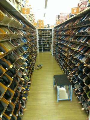 One of six long aisles of shoes.