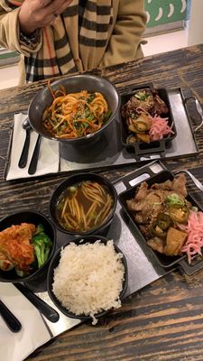 Pork belly platter and kalbi with noodles