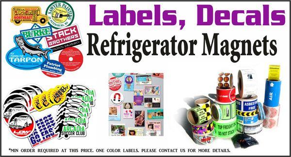 Bumper stickers, labels, decals, product labels, window letters