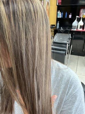 Baby highlights + color + haircut + straighten.