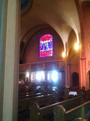 The rare Franz Mayer & Co crimson stained glass window of the Mission Basilica. Said particular color is no longer available