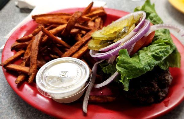 Super smashburger without the bun and sweet potato fries