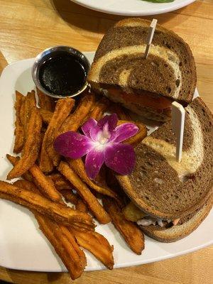 Perch Reuben sandwich with sweet potato fries