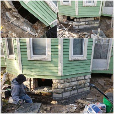 Basement wall settling.  We reused the old limestone and reinforced the inside walls with 12" block.