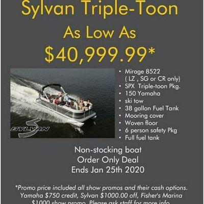 Order only special deal on a triple toon pontoon powered by a 150hp Sylvan pontoons