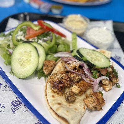 Mini Chicken Souvlaki (asked for side salad instead of fries) Tzatziki and Lemonette Salad Dressing on the side