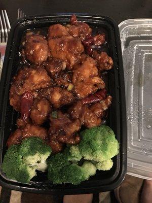 General Taos Chicken- my fave and their chicken is moist with lots of sauce! Good reheated too