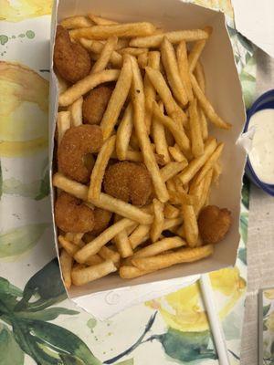 Popcorn Shrimp Combo (with curly hair on box flap replaced after cutting off perforated to-go box)