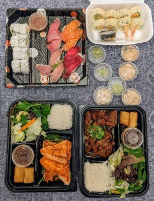 Sushi Como C, Salmon Box, Korean Pork Bulgogi Bento Box