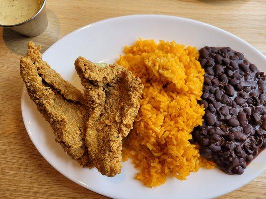 The catfish plate with rice and black beans.