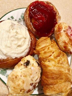 From left 9:00. Sweet Roll, Raspberry Daniah, Rasberry White Chovolate Scone, Pain Au Chocolate, Cherry Almond Scone.