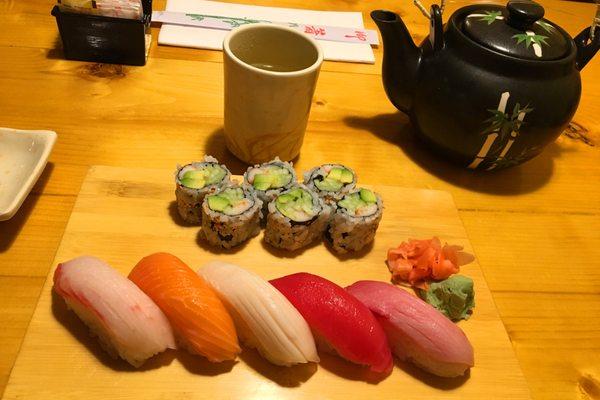 California roll with five pieces of nigiri.