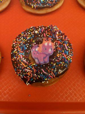 Donut with chocolate frosting, sprinkles, and dino ring!