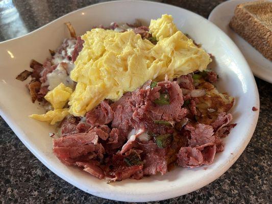 Corned beef hash with scrambled eggs