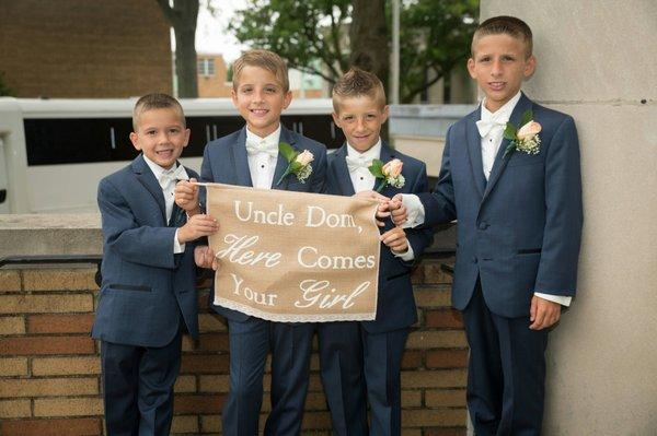 My nephews on my wedding day wearing tuxedos from Foresto