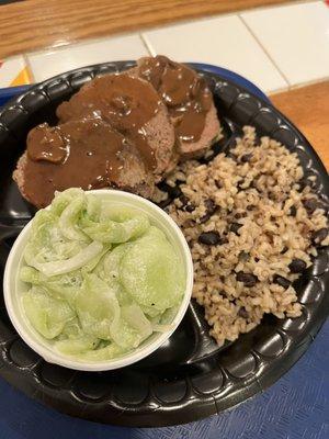 Meat Loaf Dinner, Cucumber Salad, and Brown Rice & Beans (non-vegetarian)