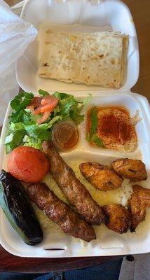 Beef Lule and chicken combo plate with rice and hummus