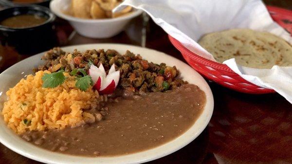 Fajita plate with three homemade tortillas. Authentic, full of flavor, and very delicious!