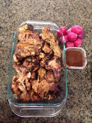 Marinated Chicken after it's been BBQ; delicious, tender and flavorful! Yum!