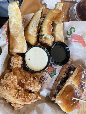 Triple dippers with Mexican Egg rolls, crispers and big bites