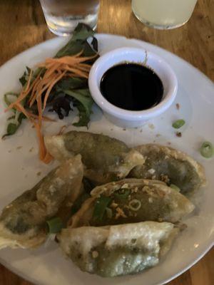 Happy hour prices of veggie dumplings are six dollars