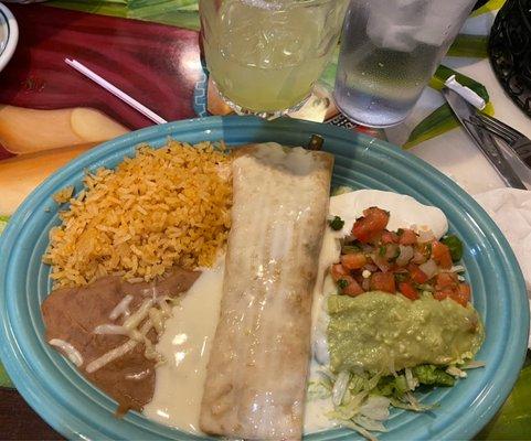 Chicken chimichanga, rice, beans, guacamole & pico de Gallo