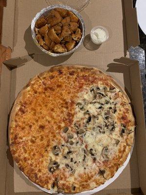 Half cheese, half mushroom & onion pizza with a side of buffalo fingers and bleu cheese!