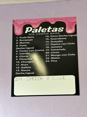 Paletas / Ice cream bars menu