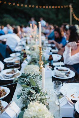 Guests enjoying the spread by Farmer's Daughter Catering at my mountain wedding in Cashiers, NC.