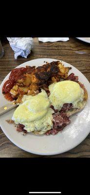 Corned beef eggs Benedict and home fries