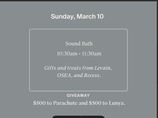 Join us for a sound bath led by Zach Miller from hOm sound meditation  from 10:30-11:10 and a chance to win a "Sleep the Details Kit" LUNYA