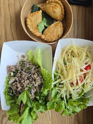 Lum Lum, papaya salad, chicken curry puffs