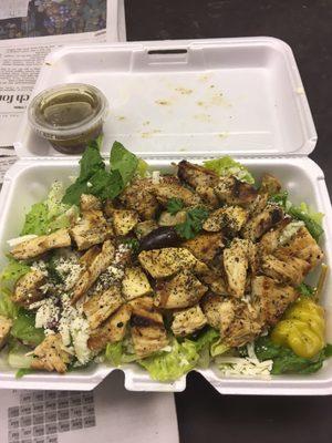 Small grilled chicken salad.  Basically a Greek salad with tasty marinated grilled chicken.  Very good.