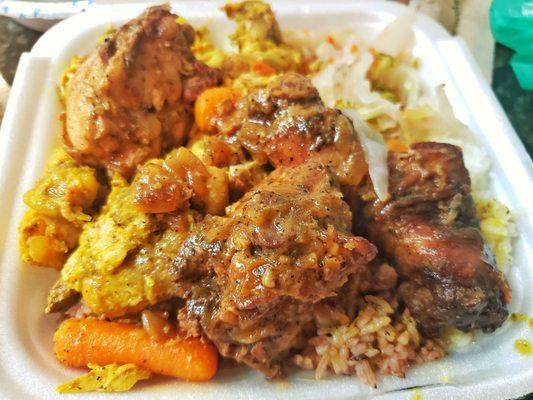 Curry chicken and jerk chicken Sampler Plate