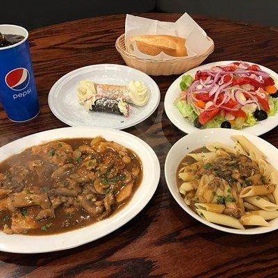 Chicken marsala dinner with cannolis