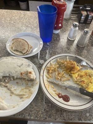 Chicken fried steak, scrambled eggs and an amazing English muffin.