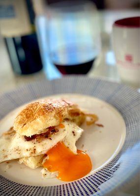 Sausage croissant (added Happy Egg at home) with coffee and Italian wine to kick off the Roaring Year of the Tiger!!